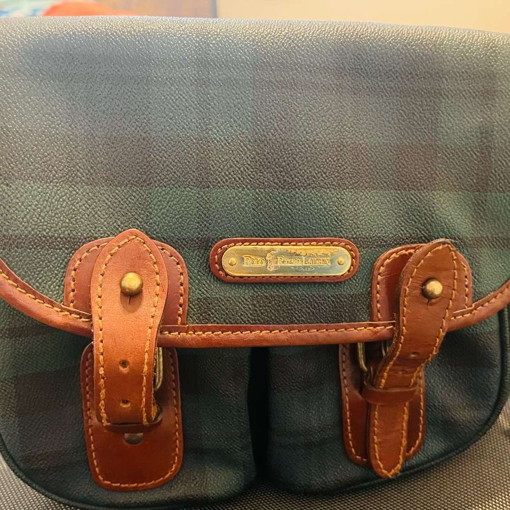 VINTAGE POLO Ralph Lauren Green Tartan Plaid Leather Messenger CrossBody